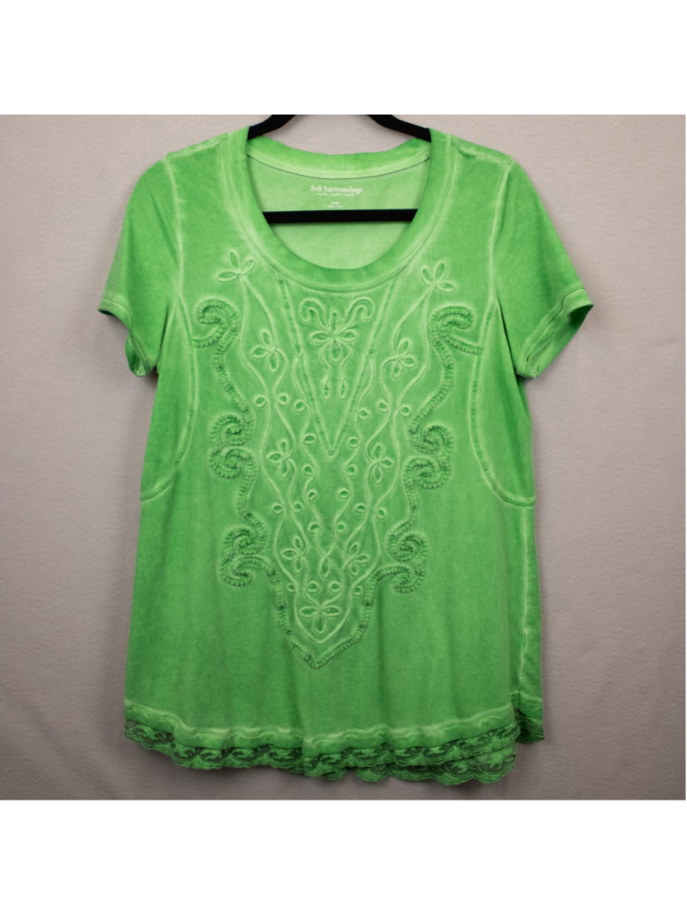 Soft Surroundings green embroidered short sleeve top-S